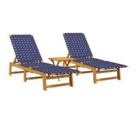 GeenYuu Lot de 2 chaises longues avec table, bleu foncé, en bois d'acacia massif, réglables, avec dossier, pour terrasse, balcon, piscine, chaise longue de relaxation, pliable et résistante aux