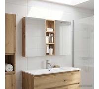GeenYuu Lot de 3 armoires de salle de bain en bois - 100 x 10,5 x 60,5 cm - Montage mural avec éclairage LED - Miroir bidirectionnel - Espace de rangement - Meuble de salle de bain pour lavabo et