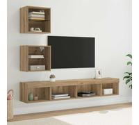 GeenYuu Lot de 5 unités murales TV avec éclairage LED, chêne artisanal, à suspendre au mur avec espace de rangement et étagères en verre pour salon, meuble multimédia moderne pour home cinéma et jeu