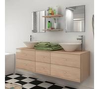 GeenYuu Meuble de Salle de Bain Beige en aggloméré 9 pcs avec lavabo en céramique, Robinet chromé, Armoire Murale 150x45x45 cm, Miroir, étagère, tiroir, Rangement optimisé pour Toilette et buanderie