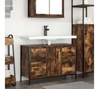 GeenYuu Meuble lavabo Salle Bain chêne fumé 90x34,5x60 cm avec tiroirs, Armoire Rangement sous évier, Porte réglable, étagère, Espace organisé pour Toilette, buanderie et Coiffeuse