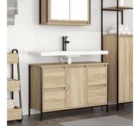GeenYuu Meuble sous lavabo en chêne Sonoma avec 4 tiroirs et étagère, meuble de salle de bain en bois avec espace de rangement, pieds réglables, montage de porte flexible, idéal pour les toilettes