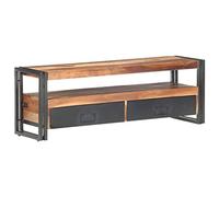 GeenYuu Meuble TV 120 x 30 x 40 cm, bois massif d'acacia et hévéa, cadre en acier robuste, 2 tiroirs, 1 compartiment, poli, peint, laqué, pour salon, support TV universel stable
