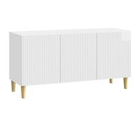 GeenYuu Meuble TV blanc brillant 99 x 34,5 x 50 cm en bois moderne avec espace de rangement, 3 portes, pieds coniques, meuble multimédia polyvalent pour salon et home cinéma