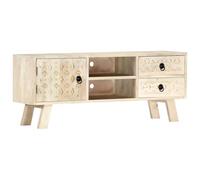 GeenYuu Meuble TV Bois Massif de manguier 110x30x44 cm avec 2 tiroirs, 1 Porte et 2 Compartiments Ouverts pour Rangement Salon Chambre Bureau, Finition blanchissante résistante