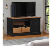 GeenYuu Meuble TV Halden Bois Massif Noir 110x40x60 cm avec Porte coulissante, tiroirs et étagères, Support Rangement Salon séjour Multimedia Design Industriel