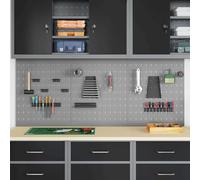 GeenYuu Panneau mural à outils gris en bois et acier 150 x 60 cm, kit de 3 pièces pour atelier, garage, montage mural, avec support, organisateur et crochets pour le rangement et le tri des outils