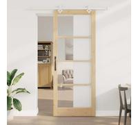 GeenYuu Porte coulissante naturelle 93 x 232 cm en bois massif de pin et verre - Porte intérieure avec isolation phonique et isolation thermique pour salon et chambre à coucher - Kit de montage et