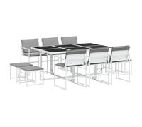 GeenYuu Salon de jardin 11 pièces blanc avec coussins textilène revêtu par pulvérisation en acier 165 x 107 x 72 cm 6 chaises, 4 tabourets empilables pour terrasse, balcon, extérieur