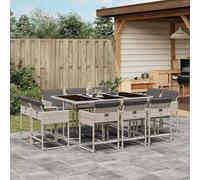 GeenYuu Salon de jardin 11 pièces gris clair en rotin synthétique avec coussins, 165 x 106 x 73 cm, table de jardin en verre trempé, 10 chaises de jardin pliables avec rembourrage