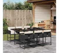 GeenYuu Salon de jardin 7 pièces avec coussins en rotin synthétique noir, 165 x 106 x 73 cm, table de jardin en verre trempé, 6 chaises pliantes avec rembourrage blanc crème, résistant aux intempéries