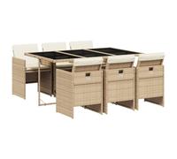 GeenYuu Salon de jardin 7 pièces en polyrotin beige avec coussins, 165 x 106 x 73 cm, chaises pliantes, meubles résistants aux intempéries, pour terrasse, balcon et extérieur, facile d'entretien, avec