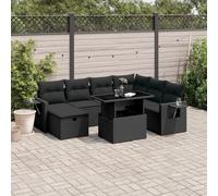 GeenYuu Salon de jardin 8 pièces en polyrotin noir avec coussins, ensemble modulaire avec table, tabouret et housse amovible pour balcon, terrasse, extérieur, résistant aux intempéries, facile