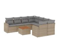 GeenYuu Salon de jardin 9 pièces en polyrotin avec coussins beige, résistant aux intempéries, pour terrasse, balcon, table en bois d'acacia, salon modulaire avec rembourrage et housse amovible