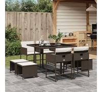 GeenYuu Salon de jardin 9 pièces en rotin synthétique marron avec coussins, chaises et tabourets pliables, résistant aux intempéries, peu encombrant, pour balcon, terrasse et jardin, table avec verre