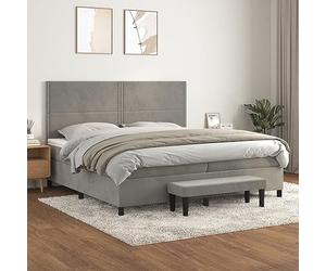 GeenYuu Sommier à Lattes de lit Cadre Gris Clair 200x200cm Velours avec Matelas Ressorts ensachés tête de lit réglable Banc de Bout de lit pour Chambre Adulte Confortable