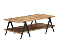 GeenYuu Table Basse en Bois de manguier Massif 115x60x40 cm avec 2 Niveaux, Pieds en Acier, Plateau Stable pour Salon séjour canapé, Rangement Magazines télécommande apéritif Boisson décoration