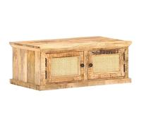 GeenYuu Table basse en bois de manguier massif avec tressage naturel - 90 x 50 x 35 cm - Table d'appoint avec espace de rangement et étagère - Table de salon vintage pour canapé, salon - Meuble en