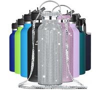 GeeRic Bling Bouteille d'eau Strass, Bouteille d'eau en Acier Inoxydable avec Couvercle en Paille Bonus, Bouteille Isotherme avec Chaîne Bling Bouteille à Paillettes pour Filles Femmes (500ml Argent)