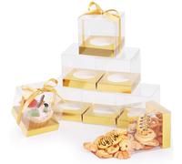 GeeRic Lot de 10 Boîtes Carrées Transparentes 9 x 9 x 9 cm, Coffret Cadeau en PVC avec Ruban en Papier Kraft, Petite Boîte Classique et élégante avec Nœud pour Desserts, Souvenirs Or