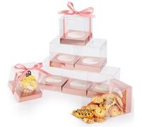 GeeRic Lot de 10 Boîtes Carrées Transparentes 9 x 9 x 9 cm, Coffret Cadeau en PVC avec Ruban en Papier Kraft, Petite Boîte Classique et élégante avec Nœud pour Desserts, Souvenirs Or Rose