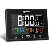 Geevon Réveil numérique atomique avec 2 ports USB pour personnes âgées | Horloge murale à piles avec affichage couleur VA avec température et humidité intérieures, DST, calendrier et phases de la