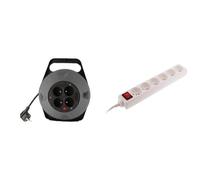 GEFOM 500087 Enrouleur Electrique MENAGER 10M, Noir/Gris & Bloc 6 Prises 16A 2P+T avec Interrupteur Blanc - Zenitech