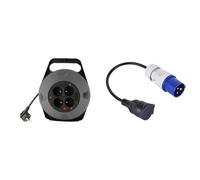 GEFOM 500087 Enrouleur Electrique MENAGER 10M, Noir/Gris & Electraline 20848043M Adaptateur pour caravanne, Bleu