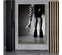 GEMMII Noir Blanc Sexy Femme Nue avec Verre de Vin Blanc Affiche Toile Murale XXL Imprimer Wall Art Photos pour Chambre Décoration Murale 50x70cm Sans Cadre