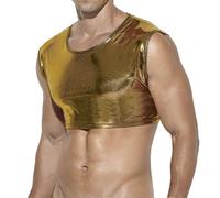 GENEMEN T-shirt en maille filet pour homme - Haut court en cuir synthétique transparent, Métal doré, M