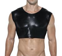 GENEMEN T-shirt en maille filet pour homme - Haut court en cuir synthétique transparent, Métallique/noir, M