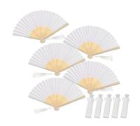 Generchin Ensemble de 5 Éventails à Main Blancs Pliants avec 5 Cordons à Franges et 5 de Rangement, Éventails en Papier à Main Pliants