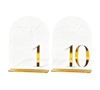 Generchin Numéros de Table Acrylique 3D 1-10, 5x7 Pouces avec Support Doré | Numéros de table 3D en acrylique clair avec base miroir doré; 10 pièces (1-10), chaque numéro mesure 5 x 7 pouces.