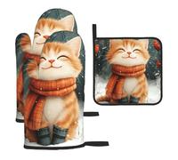 Generic Lot de 3 maniques de cuisine et maniques avec motif chat de Noël résistant à la chaleur pour la cuisine, la pâtisserie, le barbecue