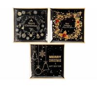 Generico Assiettes de Noël carrées en Verre avec Motif Noir et Or et Inscriptions de vœux, aptes au Contact Direct avec Les Aliments, Lot de 3 pièces, cm 25 x 25 H, pour la Cuisine et la Table