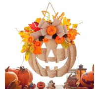 Genérico Halloween Wreath - Wood, PP and Polyester 35 x 35 x 9 cm | Guirlande d'automne avec lumières LED, fleurs artificielles et décorations de citrouille | Décoration de porte de la ferme