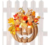 Genérico Halloween Wreath - Wood, PP and Polyester 35 x 35 x 9 cm | Guirlande d'automne avec lumières LED, fleurs artificielles et décorations de citrouille | Décoration de porte de la ferme