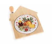 Generico Set apéritif avec Planche en Forme de Petite Maison en Bambou et céramique décorée de douceurs de Noël et Couteau, Lot de 4 pièces, Planche : cm 19,5 x 25 H, pour la Cuisine et la Table