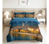 Générique 140 x 200 cm Parure de Lit Bleu, Photographie Bord De Mer Architecture Ville Housse De Couette 3D Imprimée Literie Microfibre Couette Housse avec Fermeture À Glissière pour Adultes
