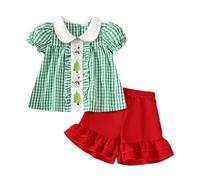 Générique 2026 Ensemble de Noël pour Filles Haut à Volants Imprimé Dessin Animé Short Tissu Carreaux Manches Courtes Tenue Décontractée Enfants Cadeau Festif (Green, 2-3 Years)
