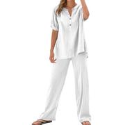 Générique 2026 Ensemble décontracté élégant Chemise Manches Courtes Unie Pantalon Poches Amples élastique Confortable Tenue Quotidienne Bureau Vacances (White, S)