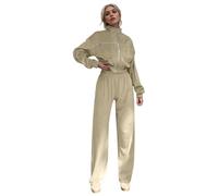 Générique 2026 Ensemble Veste zippée Manches Longues Velours Pantalon Jambe Droite Mode Automne-Hiver Femmes élégant Quotidien (Khaki, L)