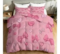 Générique 3 Pièces Couette Légère Été 200 x 200 cm pour lit 2 Personnes - Romantique Chic Cœur Pois Nœud, 200 GSM Microfibre Douce Couette Réversible pour Chambre d'enfant, Rose