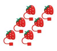 Générique 6 Pièces Couvre-pailles en Silicone Rouge Forme Fraise, Chapeaux Réutilisables pour Pailles, Faciles à Transporter, pour Fêtes et Camping