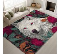 Générique 80 x 150 cm Tapis Moderne Rétro Imprimé Floral Ambiance Mystérieuse & Distante Tapiss Loup Rose Feuilles Vertes & Tapis antidérapant Magique intégré pour Salon Chambre, Bureau
