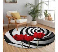 Générique Abstrait Tapis Rond Entrée, 90 cm Lavable en Machine Blanc Et Noir Tapis Poil Court avec Dos Antidérapant, Spirale Rose Rouge Légère Pliable Moderne Moquette pour Chemin de lit Porte Salon