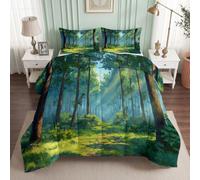 Générique Anime Nature Forêt Couette Imprimée 200x200 cm, Réversible Couette Couverture pour 4 Saisons Respirante et Douce, Édredon avec 2 Taies d'oreiller, pour lit 2 Personnes, Arbre Vert