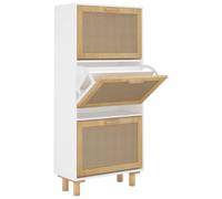 Générique Armoire à Chaussures Blanc 52x25x115 cm Bois d'ingénierie | 3 tiroirs rabattables, rotin naturel, rangement entrée couloir salon, fixation murale incluse