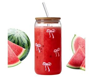 Générique avec Couvercles et Pailles,500 ml Gobelet En Verre Avec Forme De Bow,Bocal De Boisson - pour le Café Glacé, le Cocktail, le Thé, l'Eau de Boisson, le Bar, la Maison, la Cuisine et les