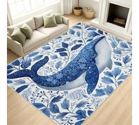 Générique Baleine Tapis Salon 200x290 cm, Grand Tapis Poisson Mignon Feuilles Bleu Poil Court Lavable en Machine Antidérapant Doux pour Chambre Salle De Jeux Bureau Salle à Manger